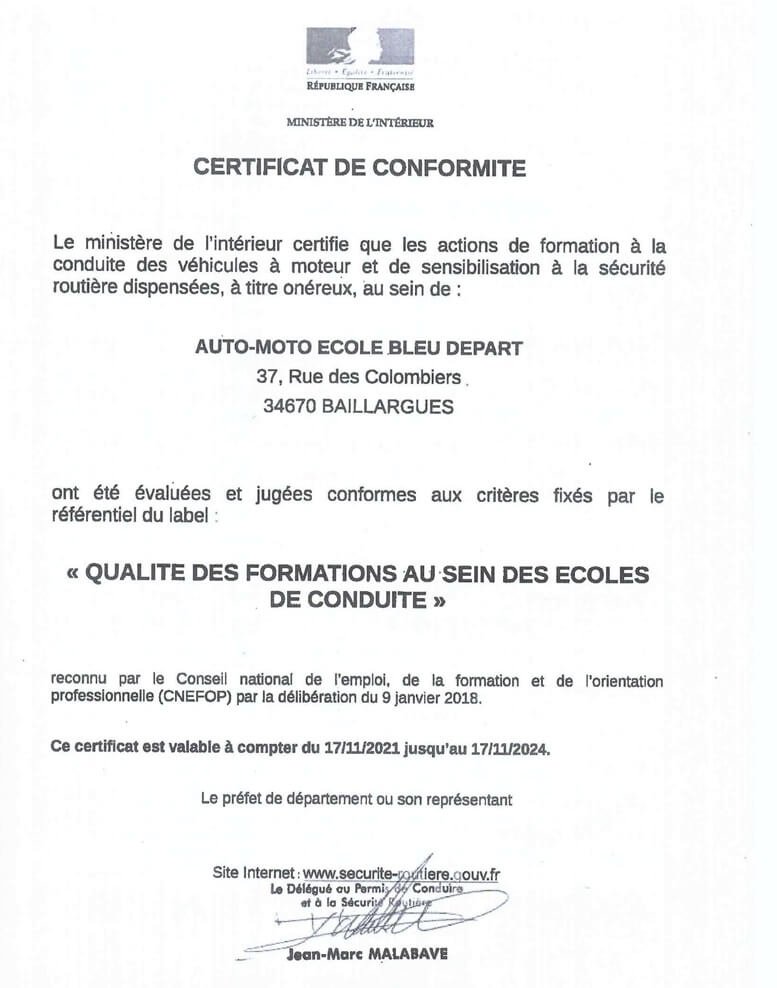 Certificat de conformite